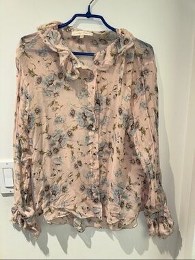 LoveShackFancy Pale Pink Blue Floral Ruffle Button Blouse